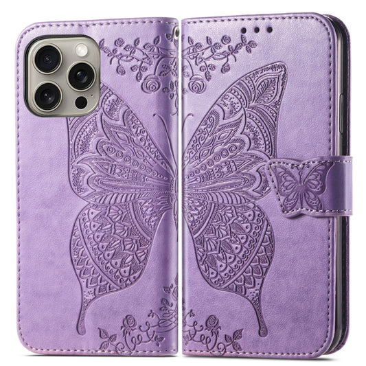 For iPhone 16 Pro Butterfly Love Flower Embossed Leather Phone Case(Lavender) by buy2fix