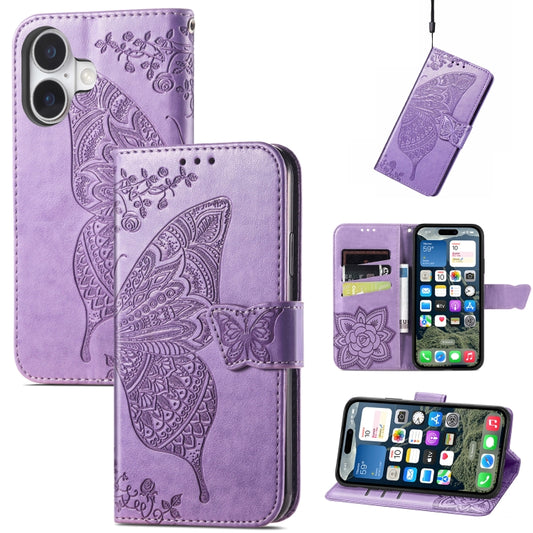 For iPhone 16 Plus Butterfly Love Flower Embossed Leather Phone Case(Lavender) by buy2fix