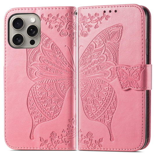 For iPhone 16 Pro Max Butterfly Love Flower Embossed Leather Phone Case(Pink) by buy2fix