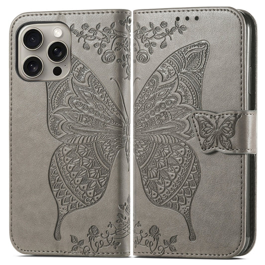For iPhone 16 Pro Max Butterfly Love Flower Embossed Leather Phone Case(Gray) by buy2fix