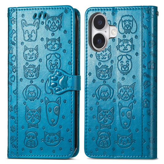 For iPhone 16 Cat and Dog Embossed Leather Phone Case(Blue) by buy2fix