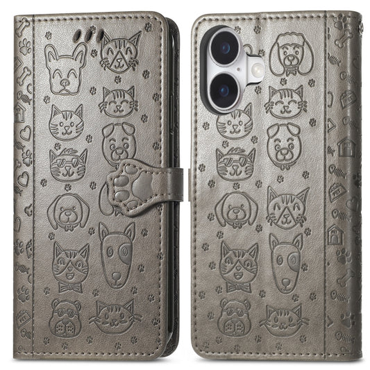 For iPhone 16 Cat and Dog Embossed Leather Phone Case(Gray) by buy2fix