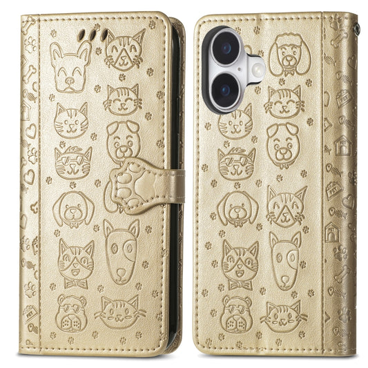 For iPhone 16 Plus Cat and Dog Embossed Leather Phone Case(Gold) by buy2fix