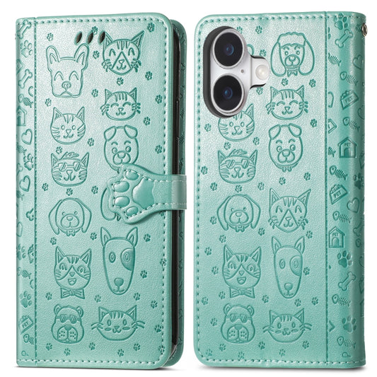 For iPhone 16 Plus Cat and Dog Embossed Leather Phone Case(Green) by buy2fix