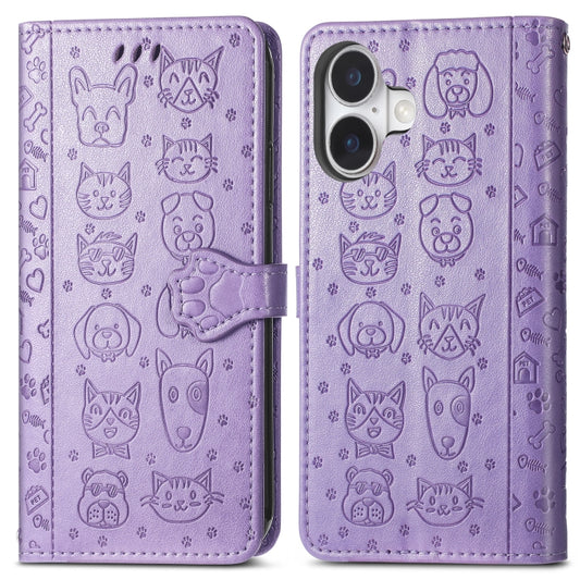 For iPhone 16 Plus Cat and Dog Embossed Leather Phone Case(Purple) by buy2fix
