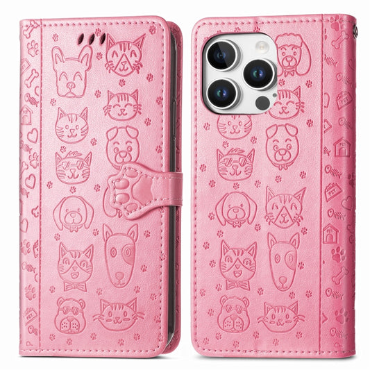 For iPhone 16 Pro Cat and Dog Embossed Leather Phone Case(Pink) by buy2fix