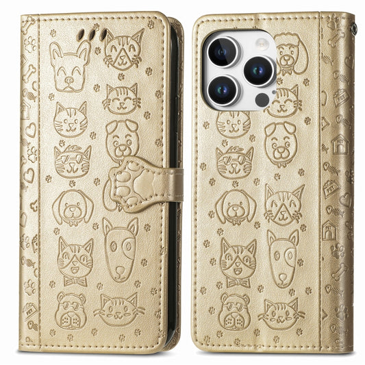 For iPhone 16 Pro Cat and Dog Embossed Leather Phone Case(Gold) by buy2fix