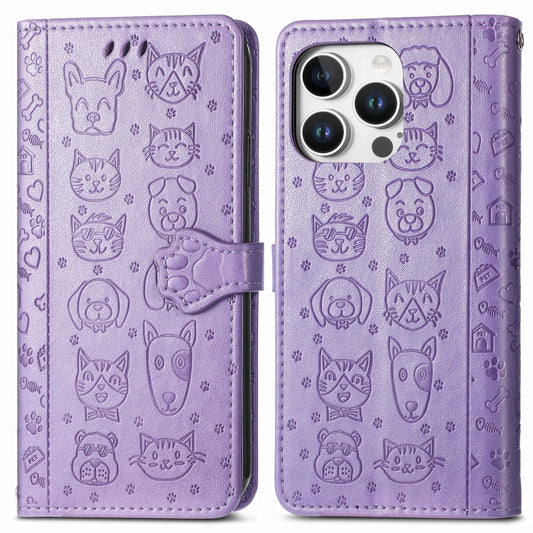 For iPhone 16 Pro Cat and Dog Embossed Leather Phone Case(Purple) by buy2fix
