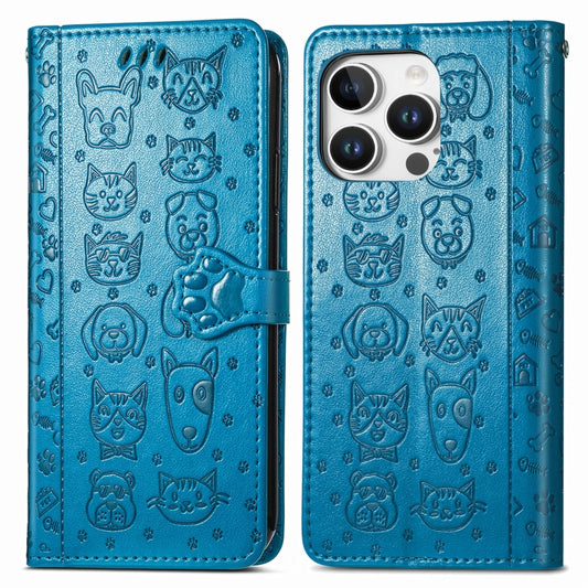 For iPhone 16 Pro Max Cat and Dog Embossed Leather Phone Case(Blue) by buy2fix