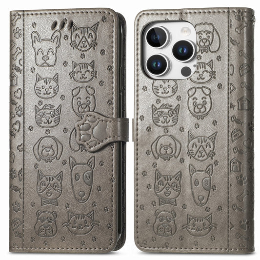For iPhone 16 Pro Max Cat and Dog Embossed Leather Phone Case(Gray) by buy2fix