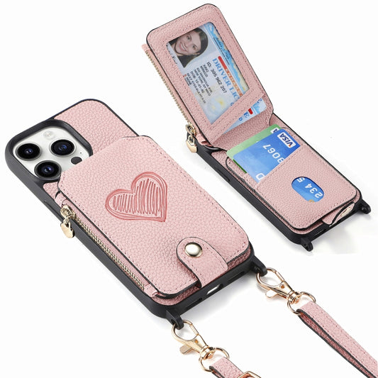 For iPhone 15 Pro Crossbody Love Zipper Leather Back Phone Case(Pink) - iPhone 15 Pro Cases by buy2fix | Online Shopping UK | buy2fix