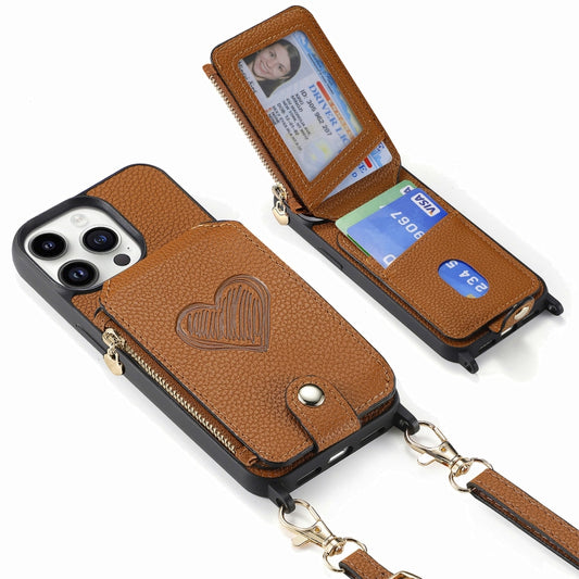 For iPhone 15 Pro Crossbody Love Zipper Leather Back Phone Case(Brown) - iPhone 15 Pro Cases by buy2fix | Online Shopping UK | buy2fix