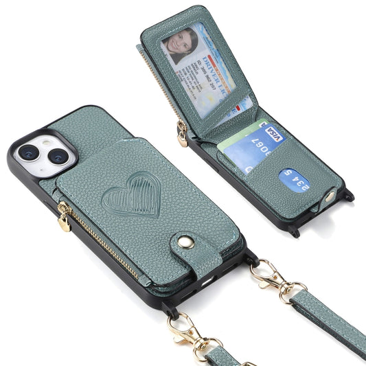 For iPhone 15 Crossbody Love Zipper Leather Back Phone Case(Green) - iPhone 15 Cases by buy2fix | Online Shopping UK | buy2fix