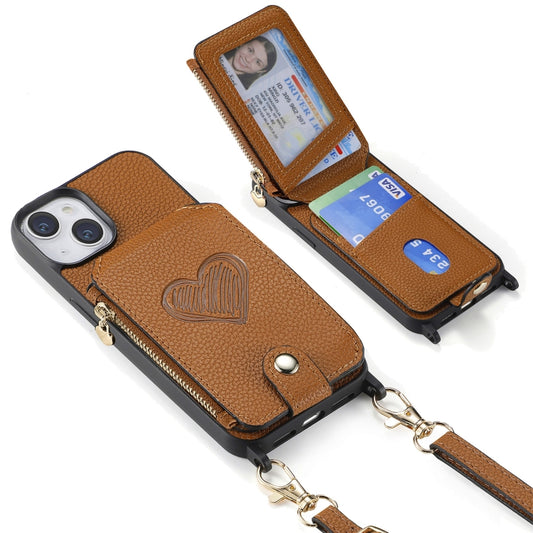 For iPhone 15 Crossbody Love Zipper Leather Back Phone Case(Brown) - iPhone 15 Cases by buy2fix | Online Shopping UK | buy2fix