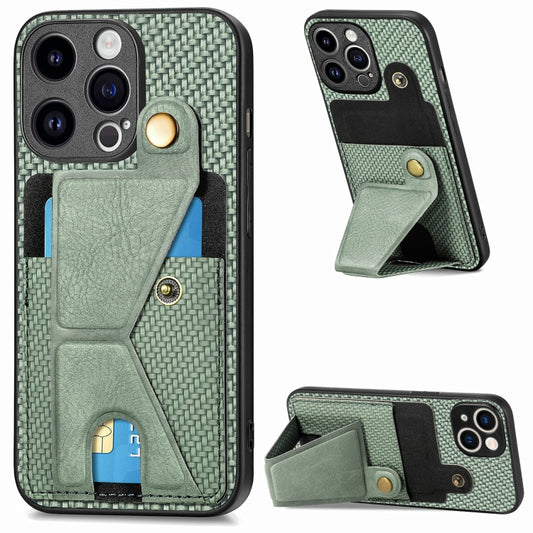 For iPhone 15 Pro max Carbon Fiber Wallet Flip Card K-shaped Holder Phone Case(Green) by buy2fix