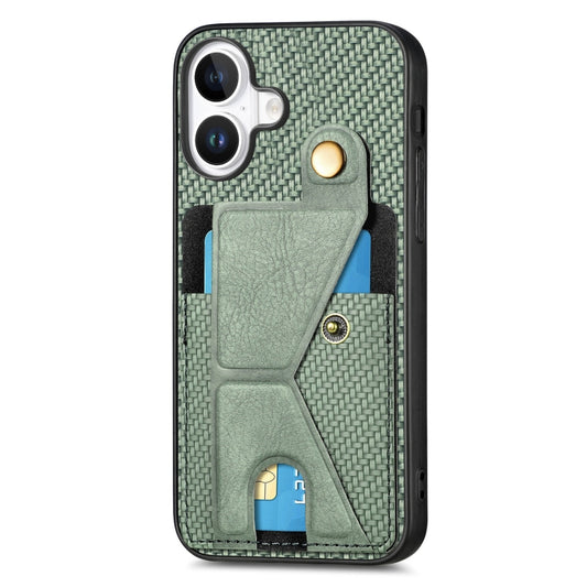 For iPhone 16 Carbon Fiber Wallet Flip Card K-shaped Holder Phone Case(Green) by buy2fix