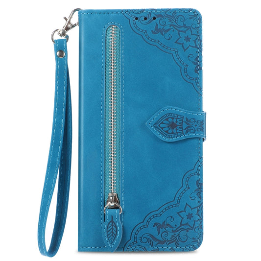 For iPhone 16 Embossed Flower Zipper Leather Phone Case(Blue) by buy2fix