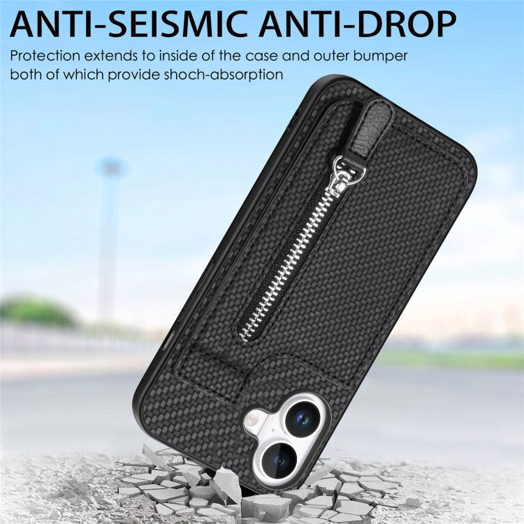 For iPhone 16 Carbon Fiber Vertical Flip Zipper Phone Case(Black) by buy2fix