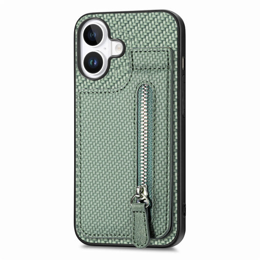 For iPhone 16 Carbon Fiber Vertical Flip Zipper Phone Case(Green) by buy2fix