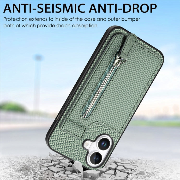 For iPhone 16 Carbon Fiber Vertical Flip Zipper Phone Case(Green) by buy2fix