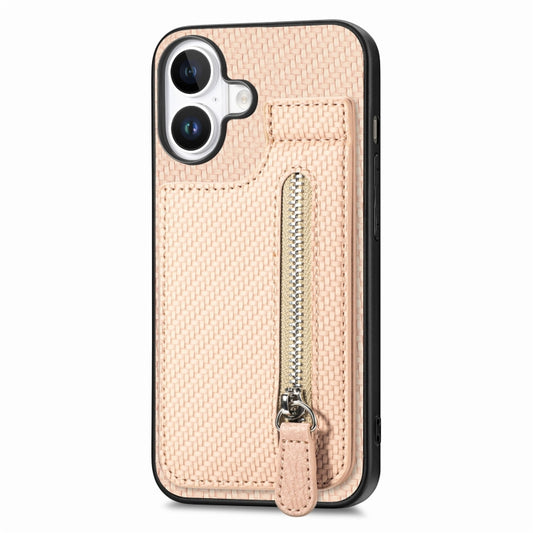For iPhone 16 Carbon Fiber Vertical Flip Zipper Phone Case(Khaki) by buy2fix