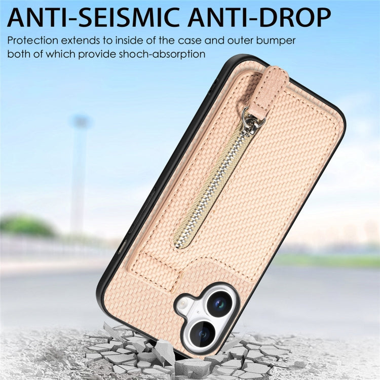 For iPhone 16 Carbon Fiber Vertical Flip Zipper Phone Case(Khaki) by buy2fix