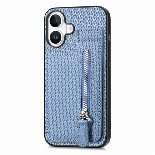 For iPhone 16 Plus Carbon Fiber Vertical Flip Zipper Phone Case(Blue) by buy2fix