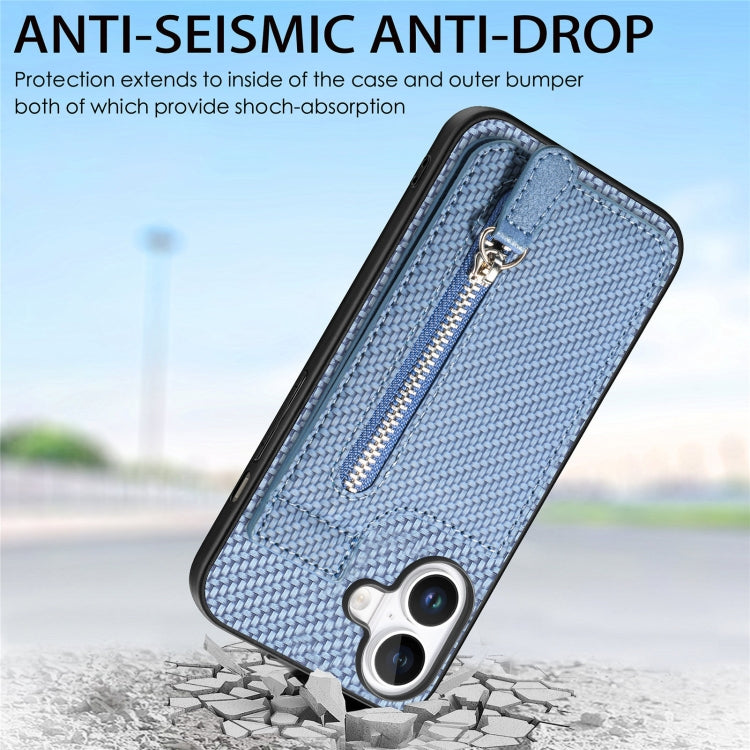 For iPhone 16 Plus Carbon Fiber Vertical Flip Zipper Phone Case(Blue) by buy2fix