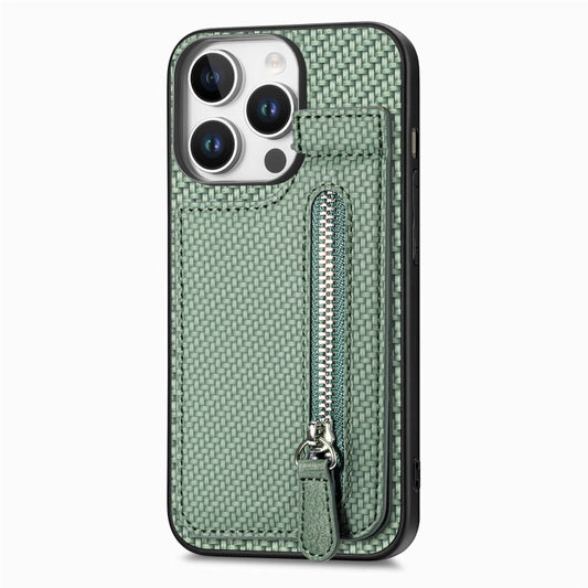 For iPhone 16 Pro Carbon Fiber Vertical Flip Zipper Phone Case(Green) by buy2fix