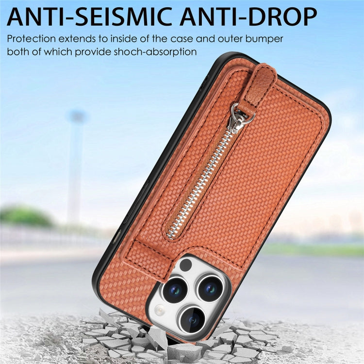 For iPhone 16 Pro Carbon Fiber Vertical Flip Zipper Phone Case(Brown) by buy2fix