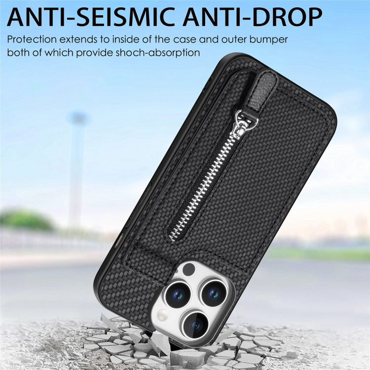 For iPhone 16 Pro Max Carbon Fiber Vertical Flip Zipper Phone Case(Black) by buy2fix