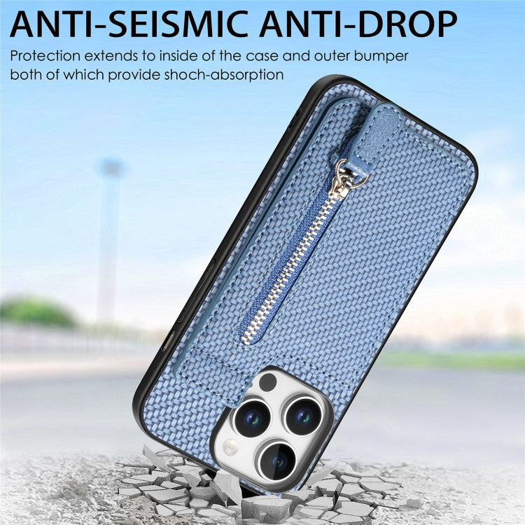 For iPhone 16 Pro Max Carbon Fiber Vertical Flip Zipper Phone Case(Blue) by buy2fix