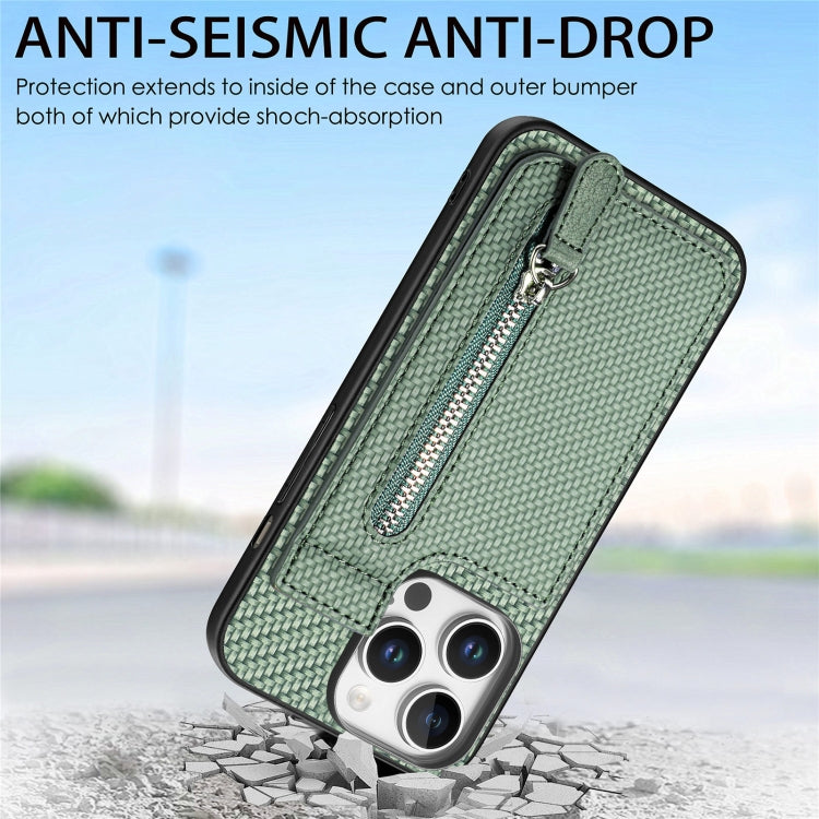 For iPhone 16 Pro Max Carbon Fiber Vertical Flip Zipper Phone Case(Green) by buy2fix