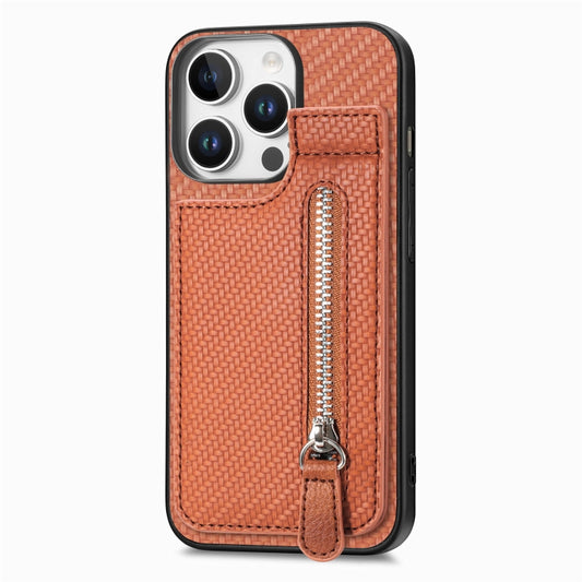 For iPhone 16 Pro Max Carbon Fiber Vertical Flip Zipper Phone Case(Brown) by buy2fix