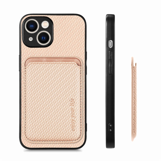 For iPhone 15 Plus Carbon Fiber Leather Card Magsafe Phone Case(Khaki) by buy2fix