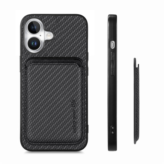 For iPhone 16 Carbon Fiber Leather Card Magsafe Phone Case(Black) by buy2fix