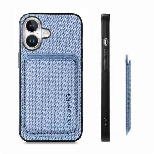For iPhone 16 Carbon Fiber Leather Card Magsafe Phone Case(Blue) by buy2fix