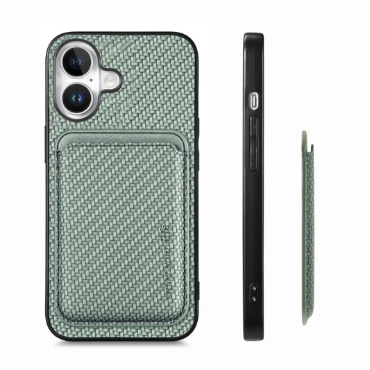 For iPhone 16 Carbon Fiber Leather Card Magsafe Phone Case(Green) by buy2fix