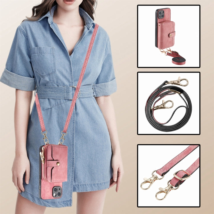 For iPhone 15 Plus Crossbody Multi-function Zipper Wallet Phone Case(Pink) - iPhone 15 Plus Cases by buy2fix | Online Shopping UK | buy2fix