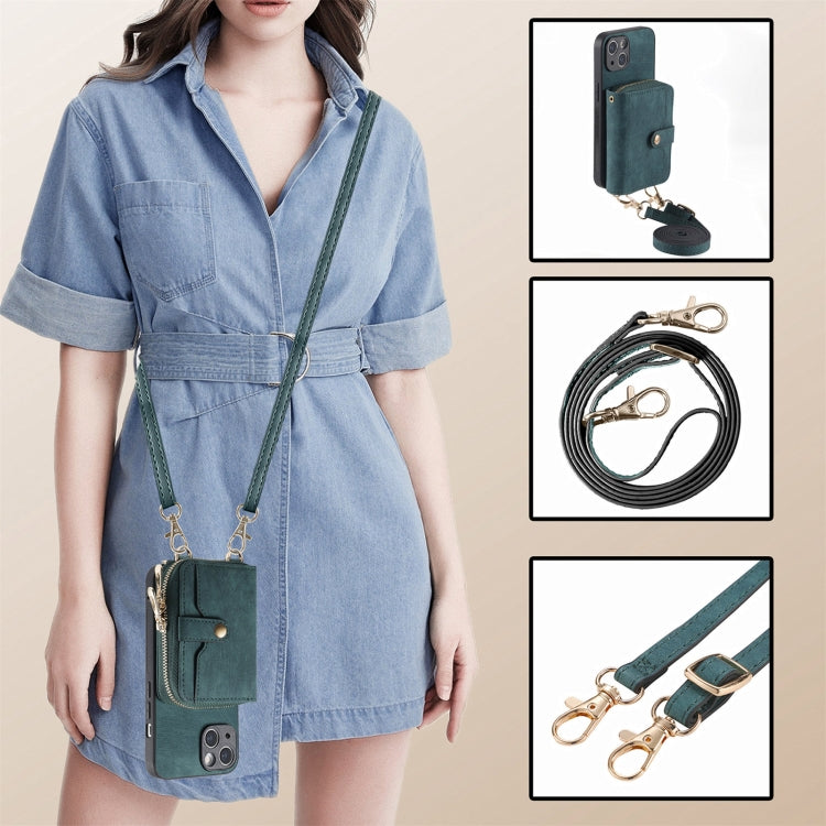 For iPhone 15 Plus Crossbody Multi-function Zipper Wallet Phone Case(Green) - iPhone 15 Plus Cases by buy2fix | Online Shopping UK | buy2fix