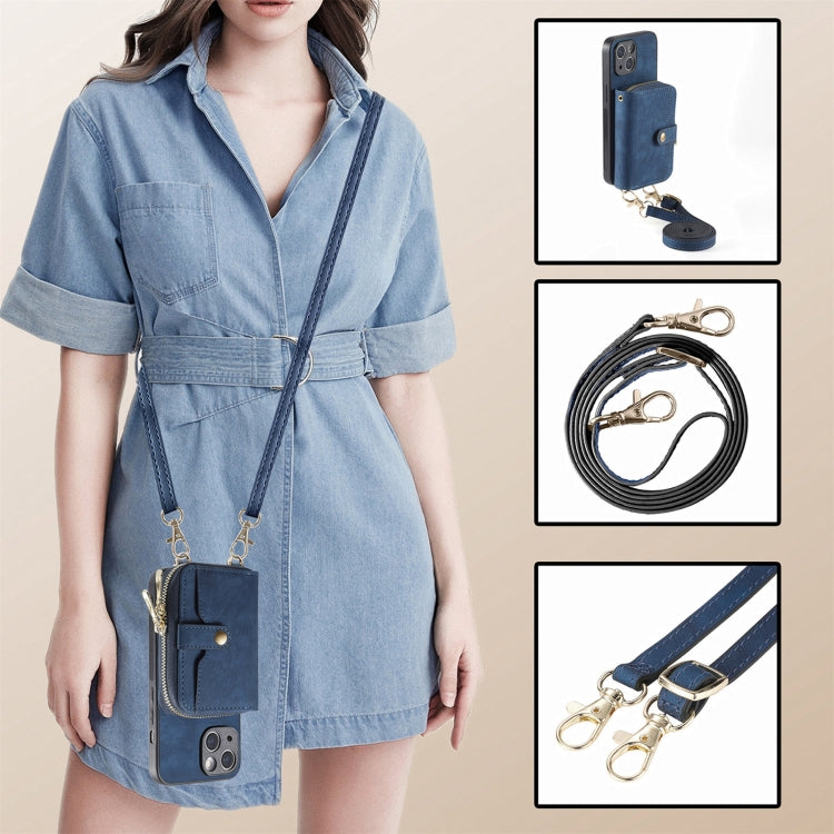For iPhone 15 Plus Crossbody Multi-function Zipper Wallet Phone Case(Blue) - iPhone 15 Plus Cases by buy2fix | Online Shopping UK | buy2fix