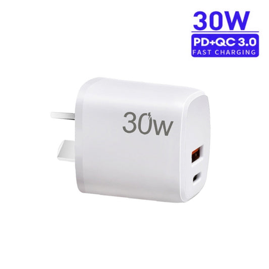PD30W USB-C / Type-C + QC3.0 USB Dual Port Charger for iPhone 15 / iPad Series, AU Plug(White) by buy2fix