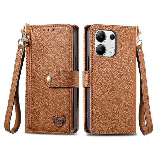 For Xiaomi Redmi Note 13 4G Love Zipper Lanyard Leather Phone Case(Brown) by buy2fix
