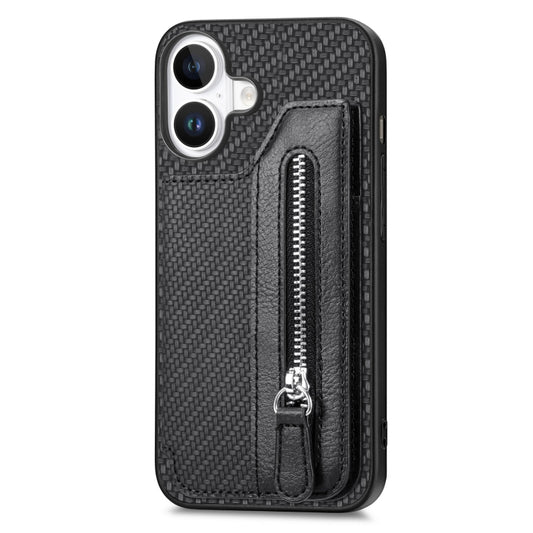 For iPhone 16 Carbon Fiber Horizontal Flip Zipper Wallet Phone Case(Black) by buy2fix