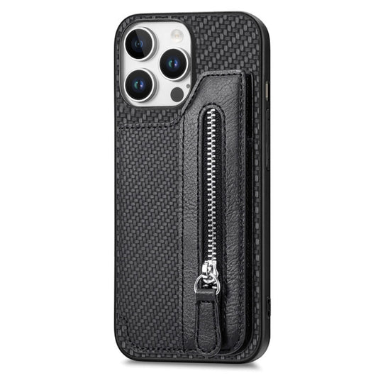 For iPhone 16 Pro Carbon Fiber Horizontal Flip Zipper Wallet Phone Case(Black) by buy2fix