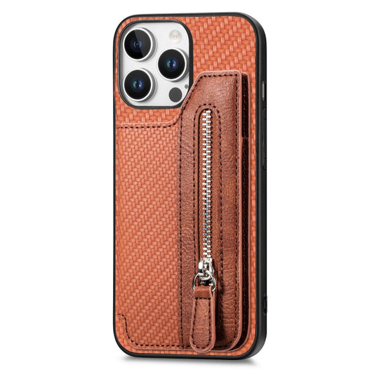 For iPhone 16 Pro Carbon Fiber Horizontal Flip Zipper Wallet Phone Case(Brown) by buy2fix