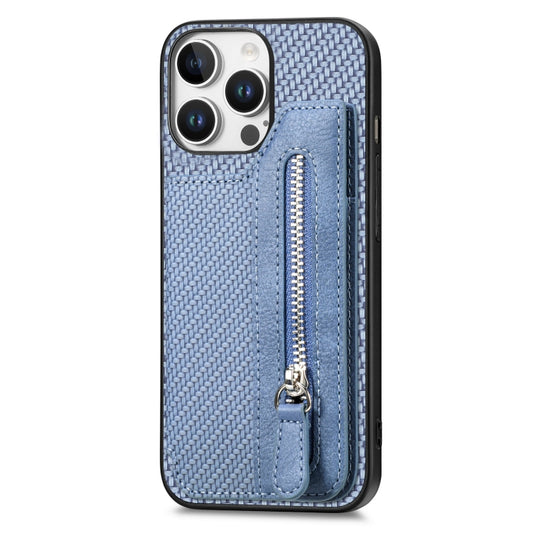 For iPhone 16 Pro Max Carbon Fiber Horizontal Flip Zipper Wallet Phone Case(Blue) by buy2fix