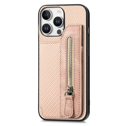 For iPhone 16 Pro Max Carbon Fiber Horizontal Flip Zipper Wallet Phone Case(Khaki) by buy2fix