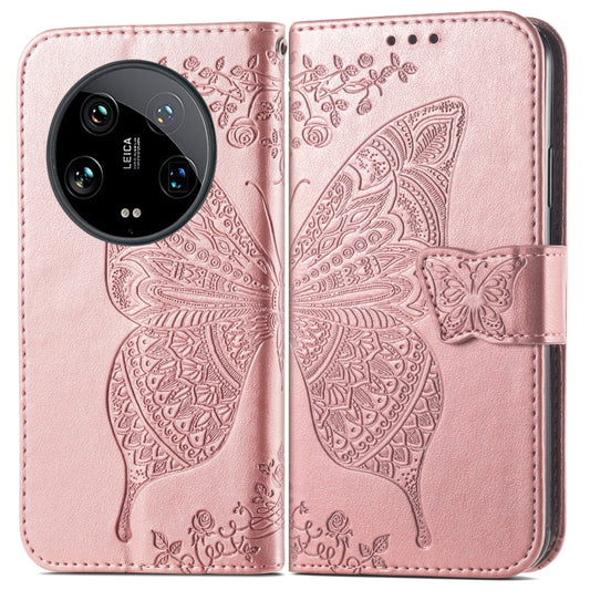 For Xiaomi 14 Ultra Butterfly Love Flower Embossed Leather Phone Case(Rose Gold) by buy2fix