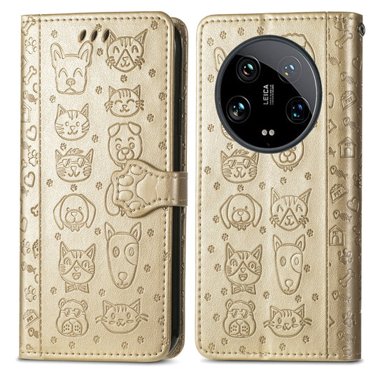 For Xiaomi 14 Ultra Cat and Dog Embossed Leather Phone Case(Gold) by buy2fix